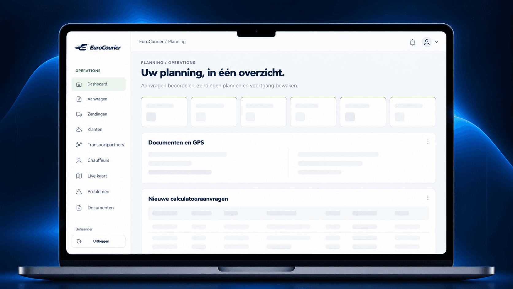 Laptop met de EuroCourier-planningsinterface en onderdelen voor operations